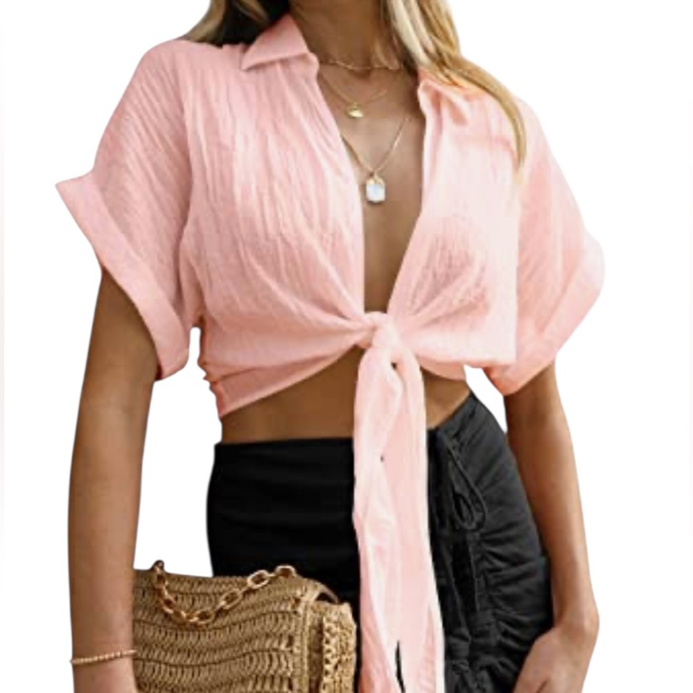 Summer Crop Top Short Sleeve Deep V Neck Sexy Front Tie Blouse,Peach,Large,New - Picture 2 of 9